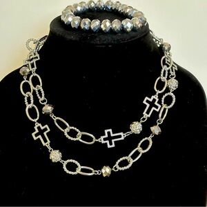 Premier Designs Silver Necklace with Black and Gray Cross Accents